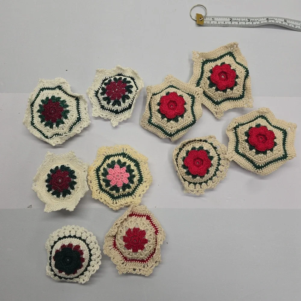 Vintage Handmade Crochet Floral Granny Square Applique Lot Red Rose Green Cream